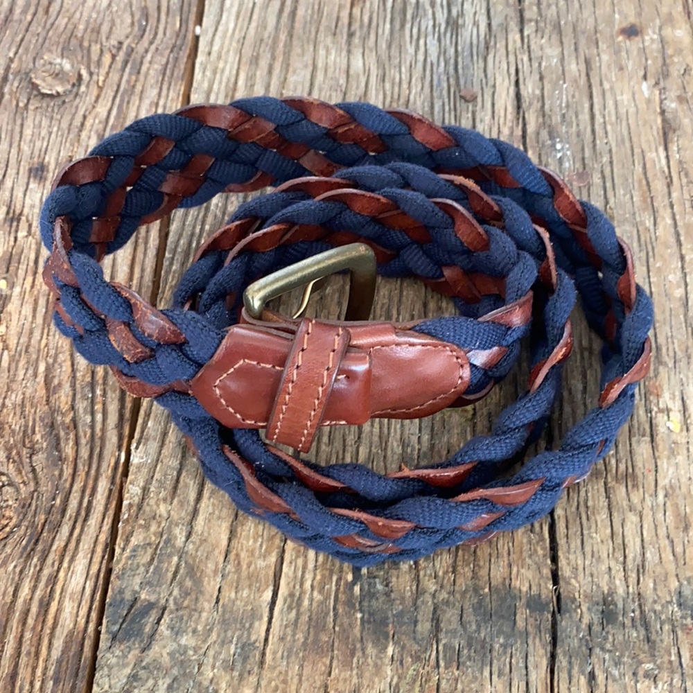 Massimo Dutti Belt Navy Brown Leather Contrast Woven Blue BRAIDED LEATHER BELT